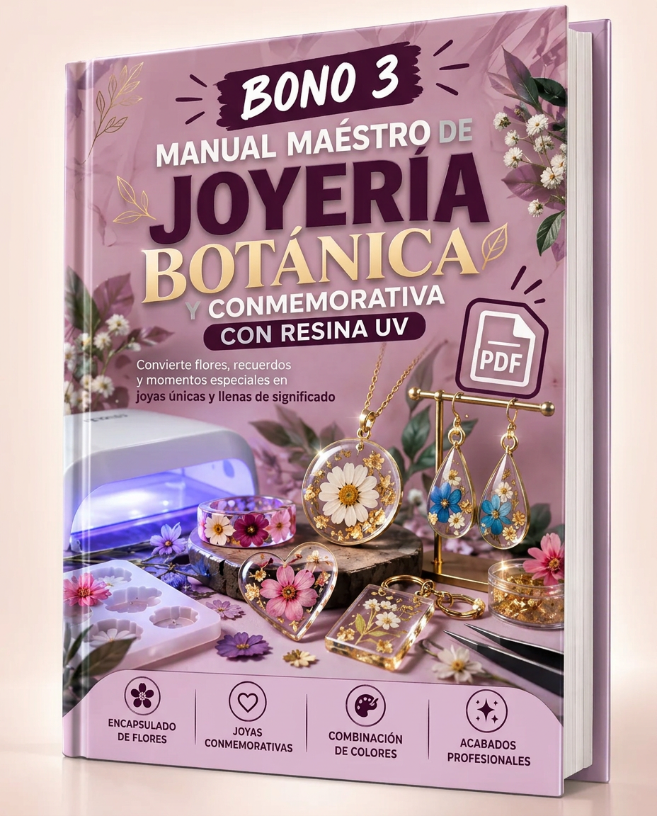 Mockup del Bono 3: Manual Maestro de Joyería Botánica y Conmemorativa con resina UV
