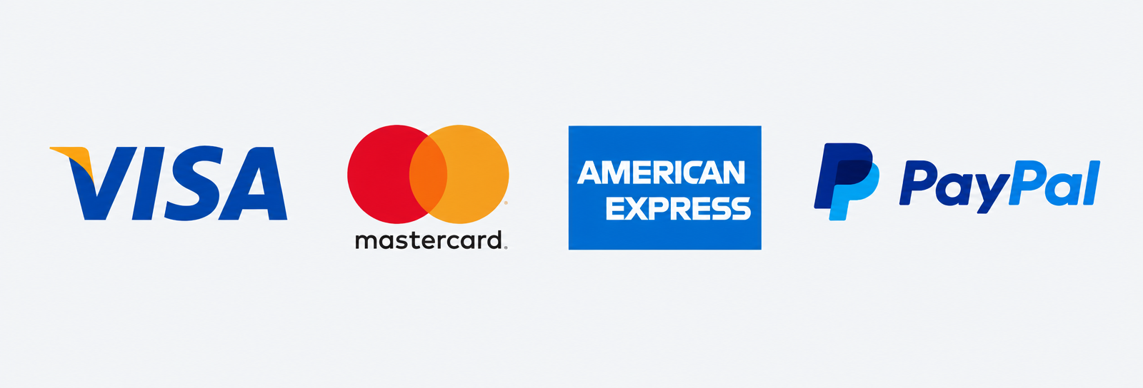 Métodos de pago Visa, Mastercard, American Express y PayPal