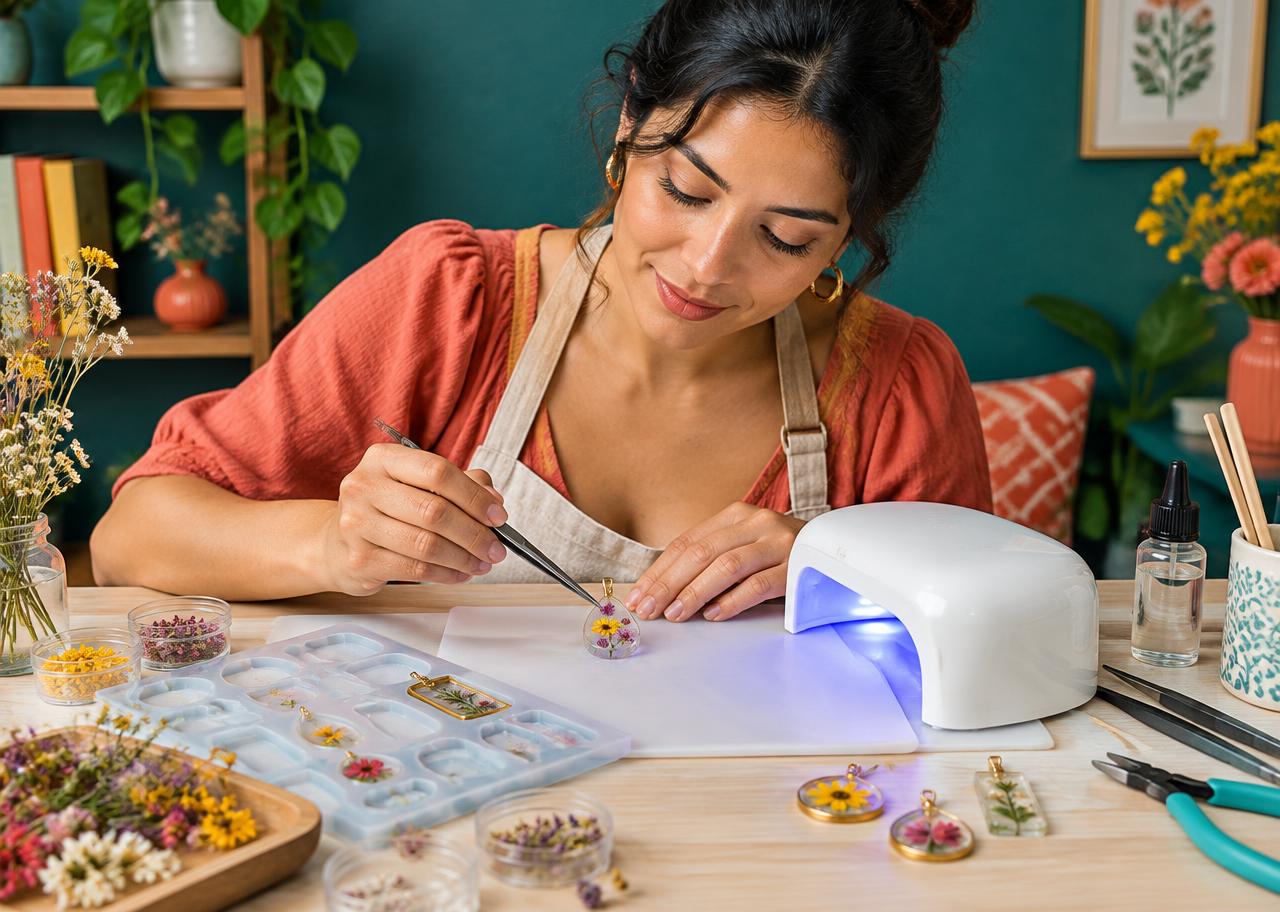 Artesana creando un colgante botánico con resina UV en casa
